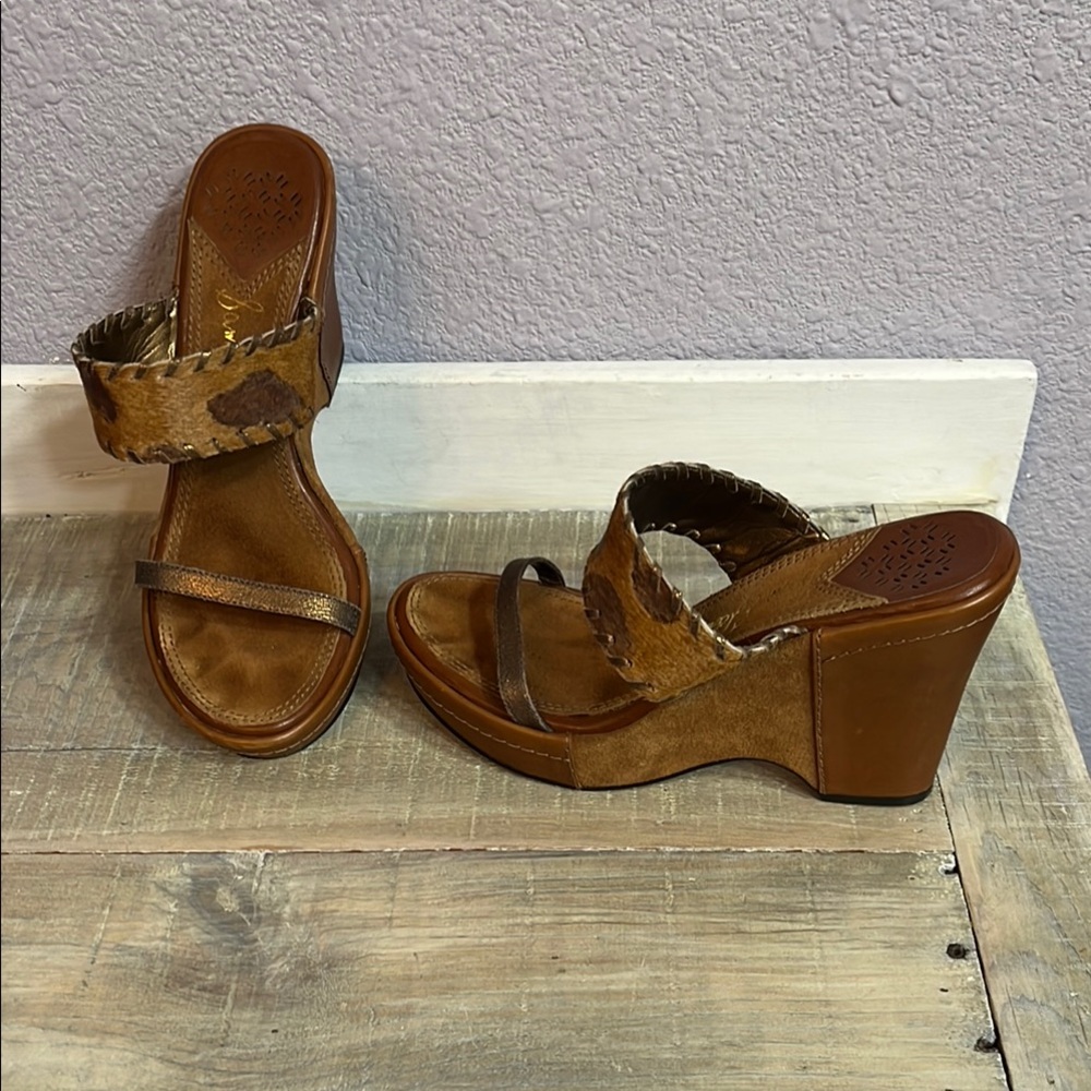 Sam Edelman Wedges - Animal Print Leather & Wood Brown and Tan Sandals Sz 8.5